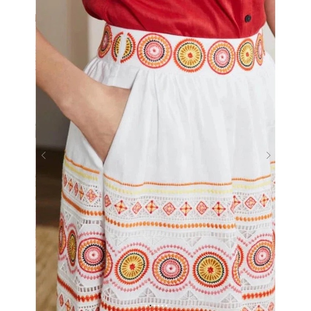 BODEN Embroidered Linen Skirt Women's 6 White Boho A-Line Preppy Pockets